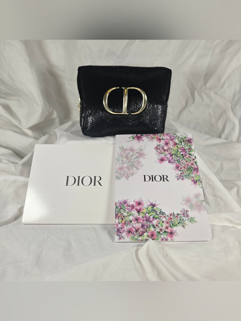 Dior Black Textured Cosmetic Pouch with Gold CD Emblem & Notebook NWT